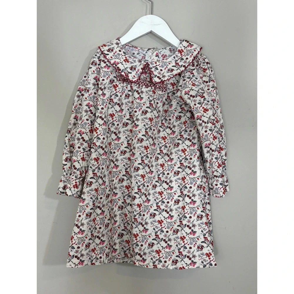 Girls Floral Berry Print Smocked Cotton Dress Peter Pan Collar Size 110 (5T)